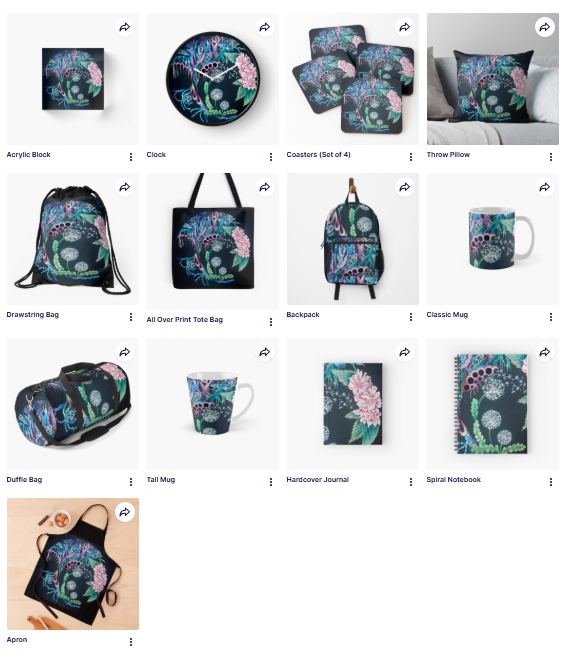 Tree design on clock, bags, notebooks